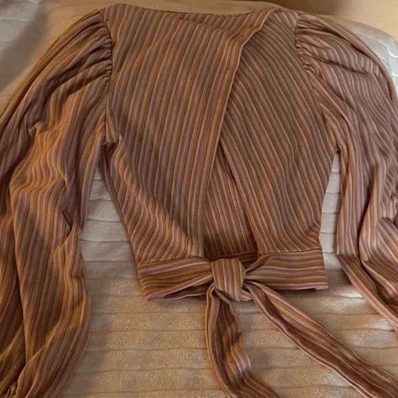 Free People Autumn Nights Striped Puff Sleeve Tie-Back Top - Orchid Rain - Picture 2 of 8